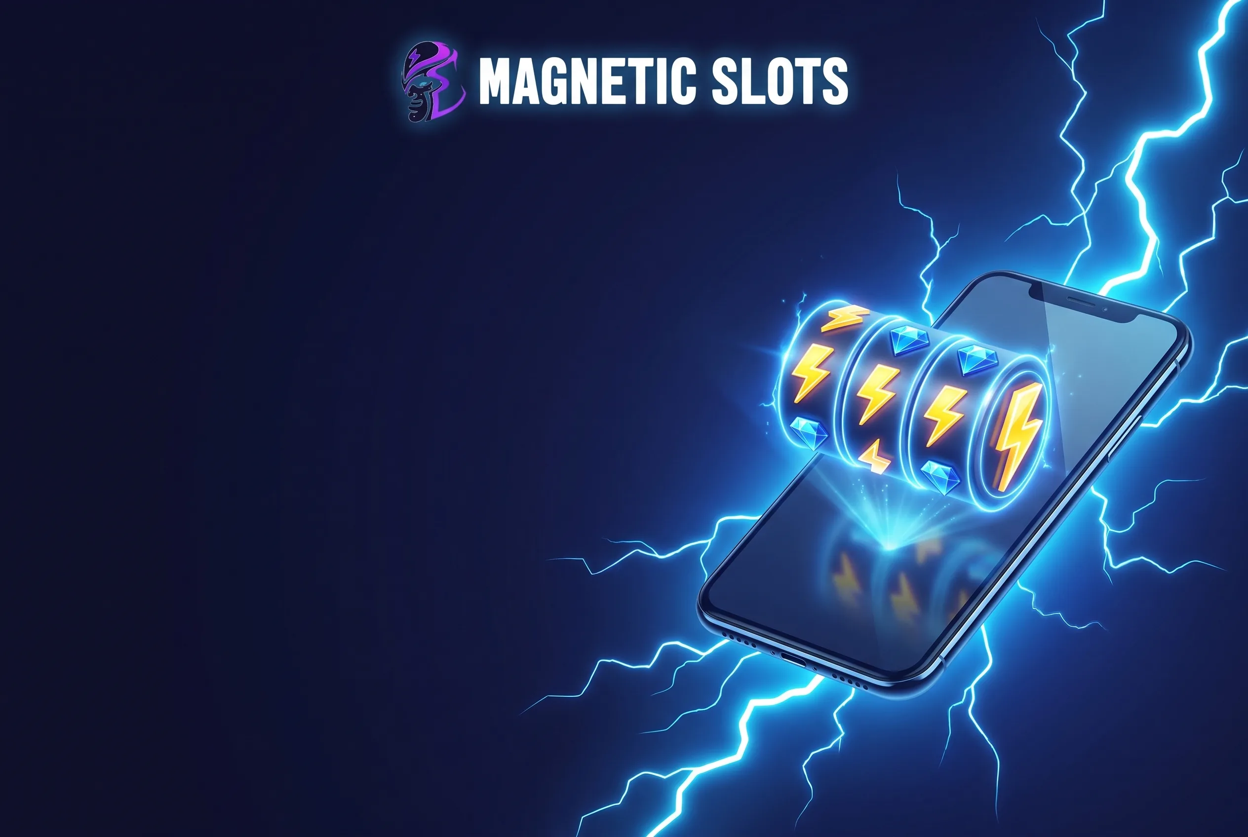 Telefon z automatami Magnetic Slots na tle błyskawic