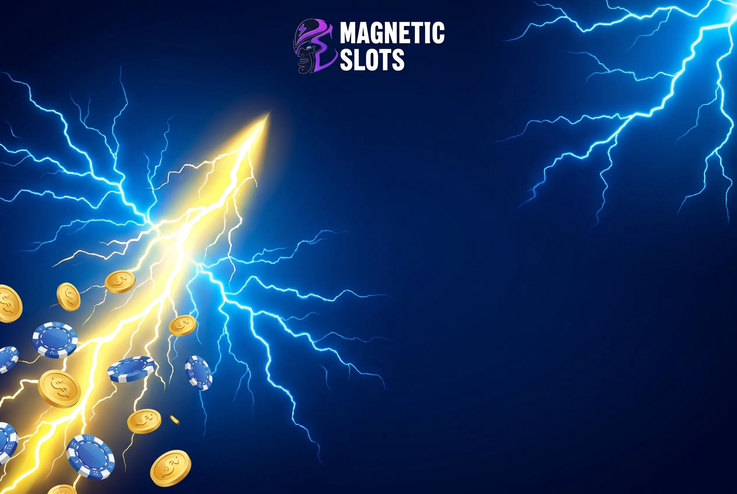 Żetony i złote monety na tle błyskawic Magnetic Slots
